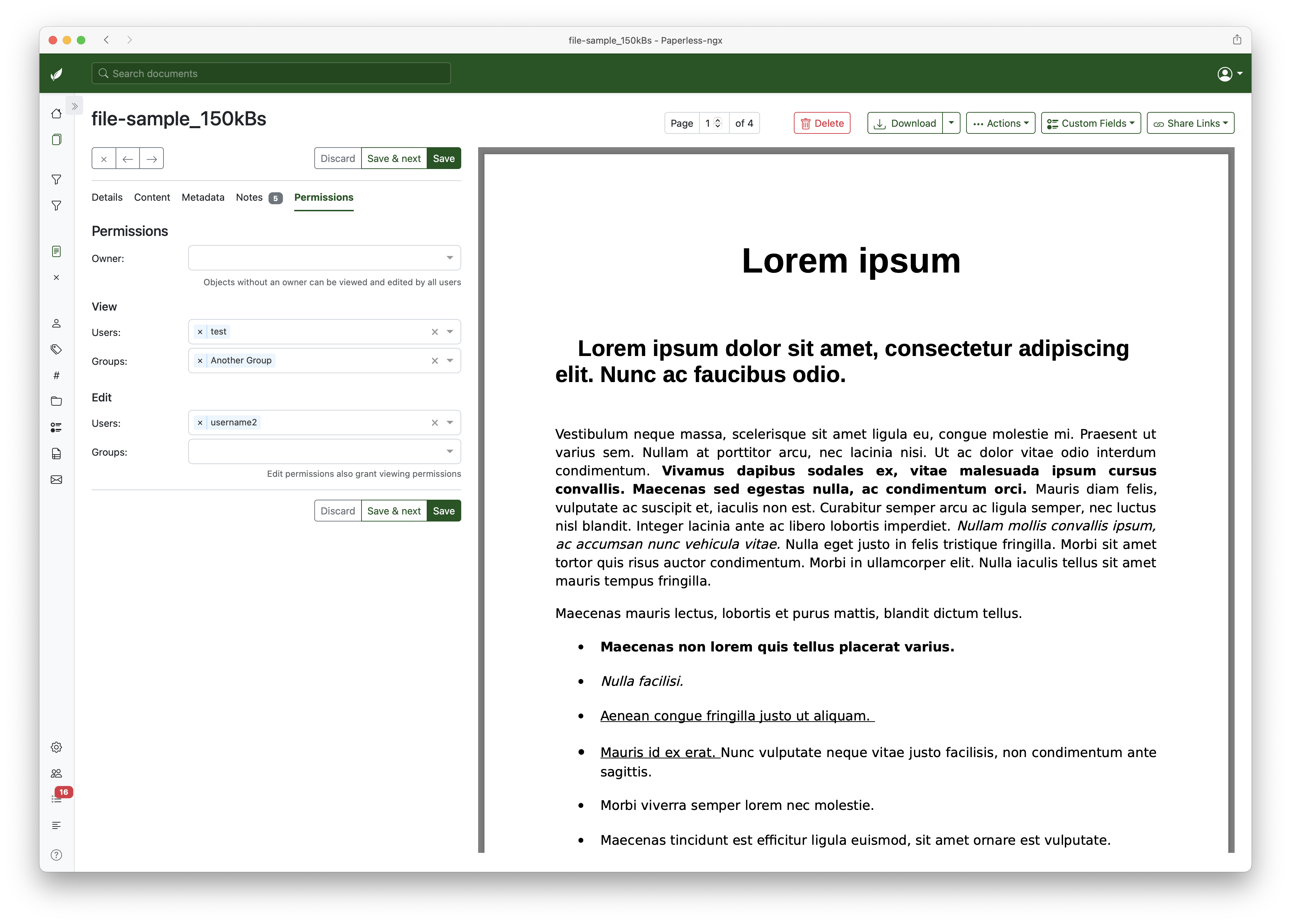 Объектные права на конкретный документ Paperless-ngx
