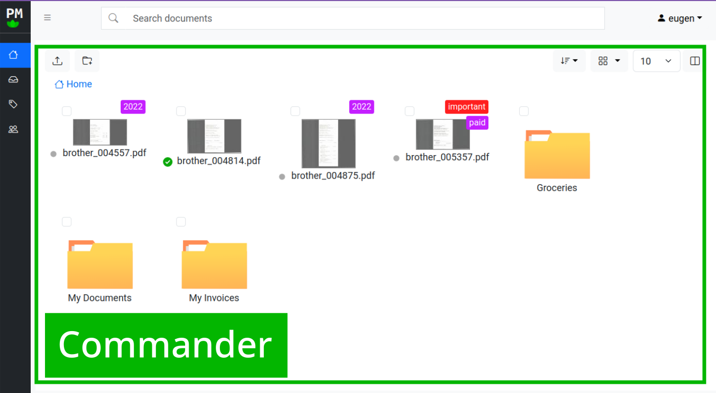Одна панель Commander в Papermerge