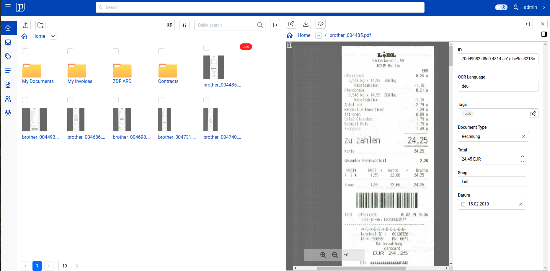 Полный интерфейс Papermerge с архивом документов