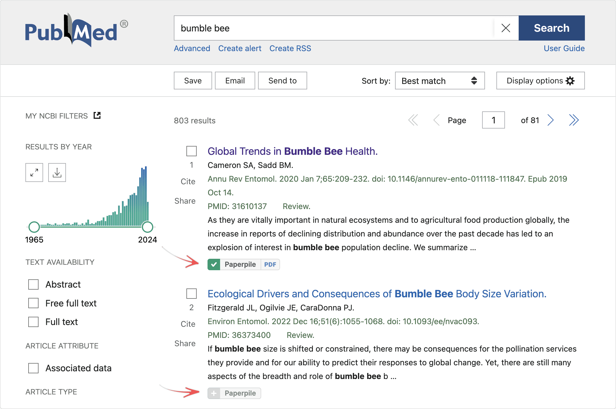 Кнопки Paperpile в результатах PubMed