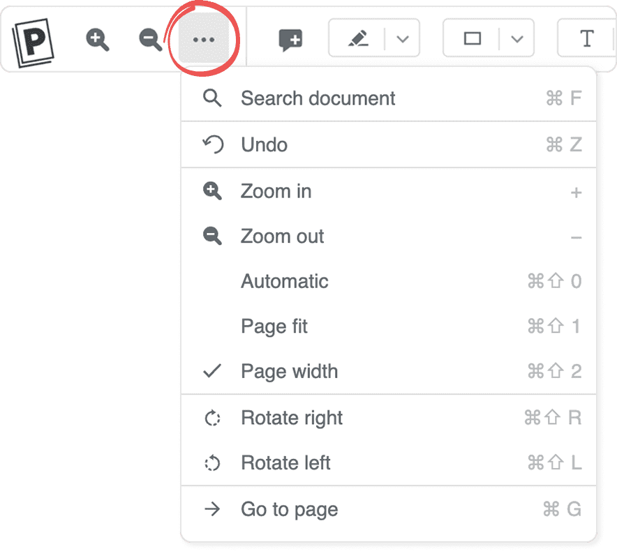 Меню навигации и масштаба в PDF-просмотрщике Paperpile