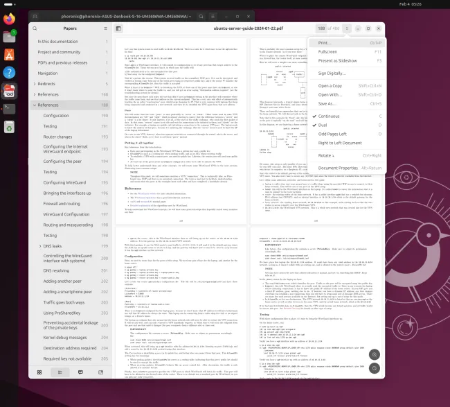 Главное меню Papers Document Viewer и двухстраничный режим