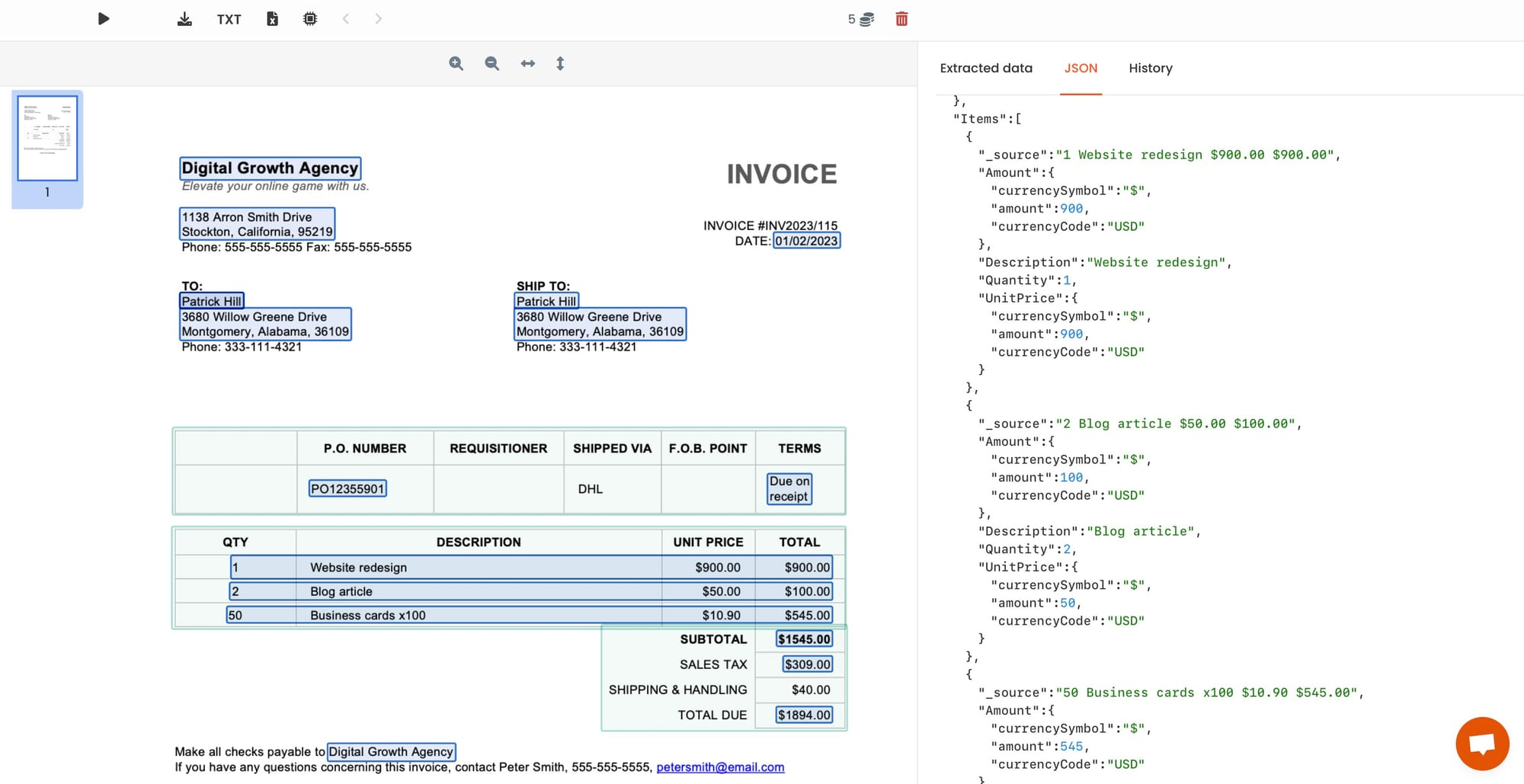 JSON с полями распознанного счёта в Parsio