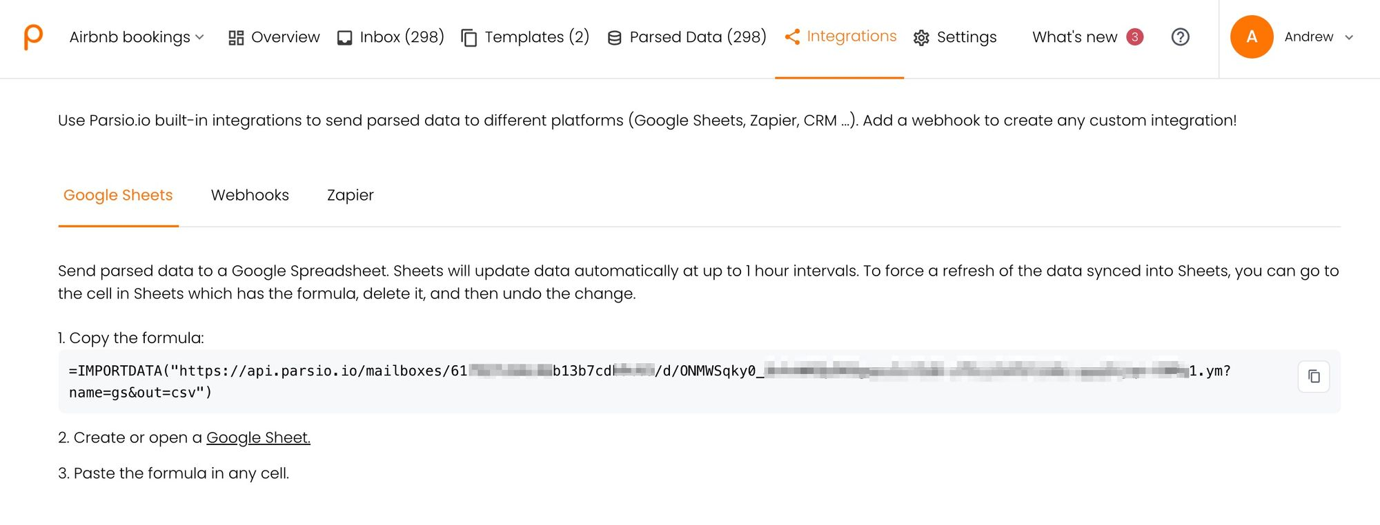 Формула импорта данных Parsio в Google Sheets