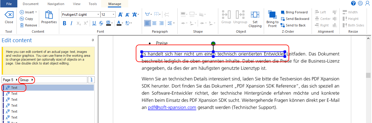 Список объектов и свойства текста в Perfect PDF