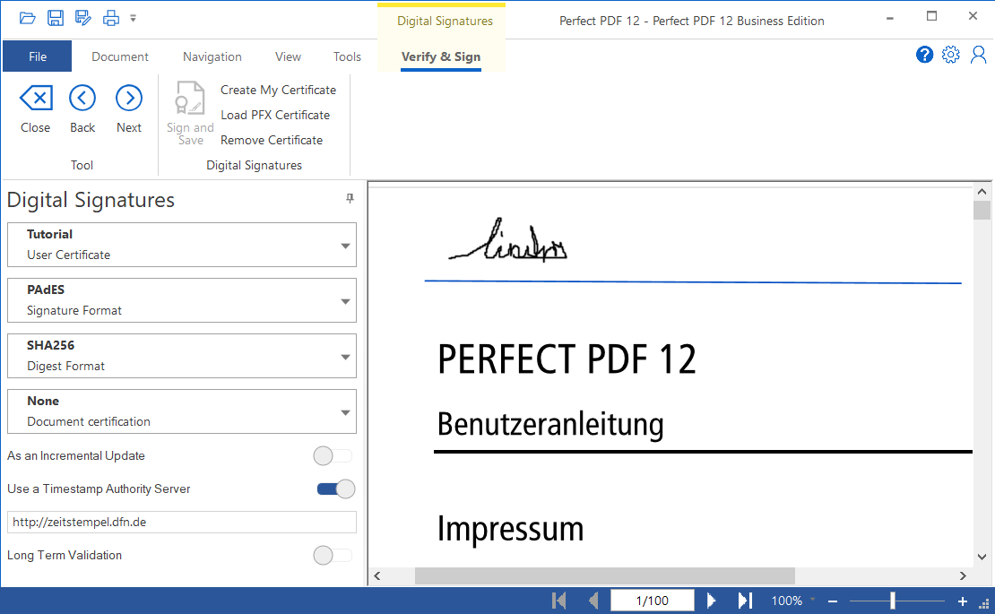 Технические параметры подписи Perfect PDF