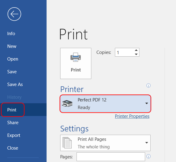 Выбор виртуального принтера Perfect PDF