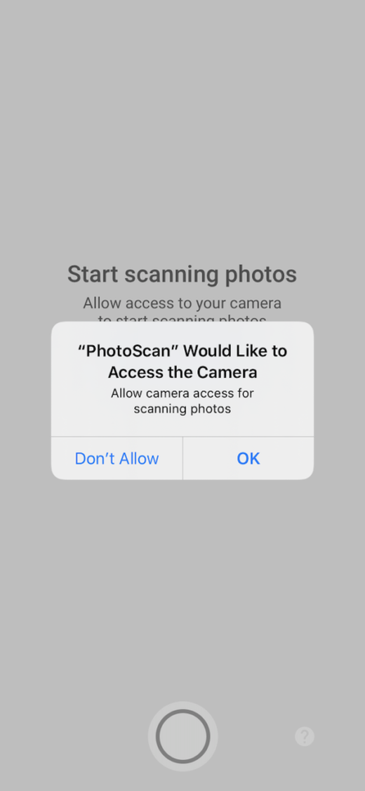 Системный запрос разрешения PhotoScan на доступ к камере