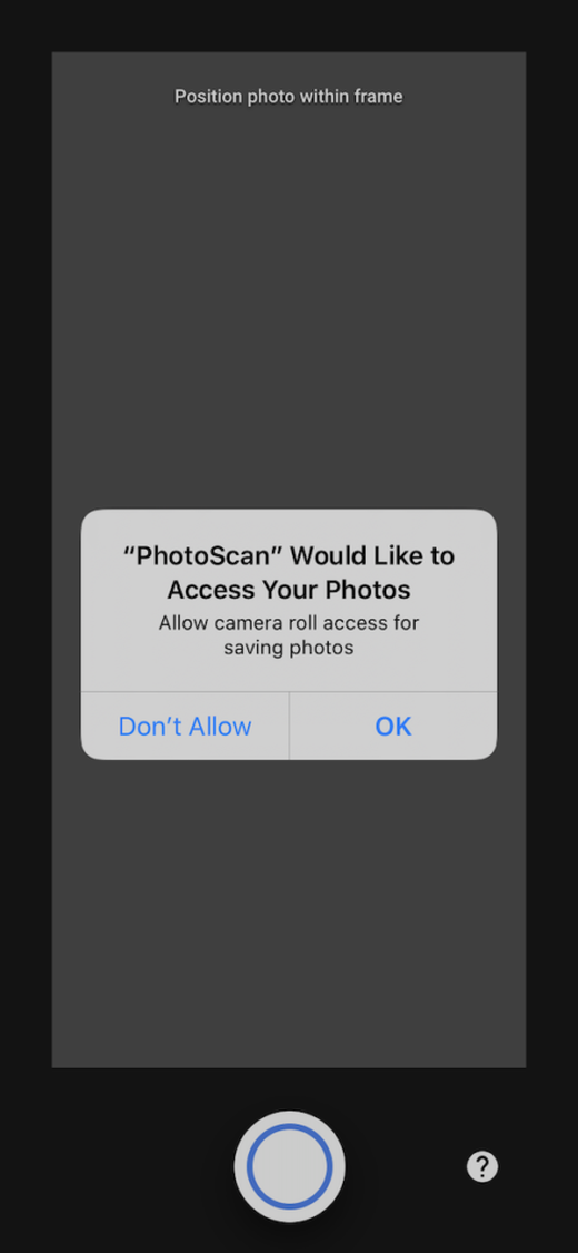 Системный запрос PhotoScan на доступ к фотографиям
