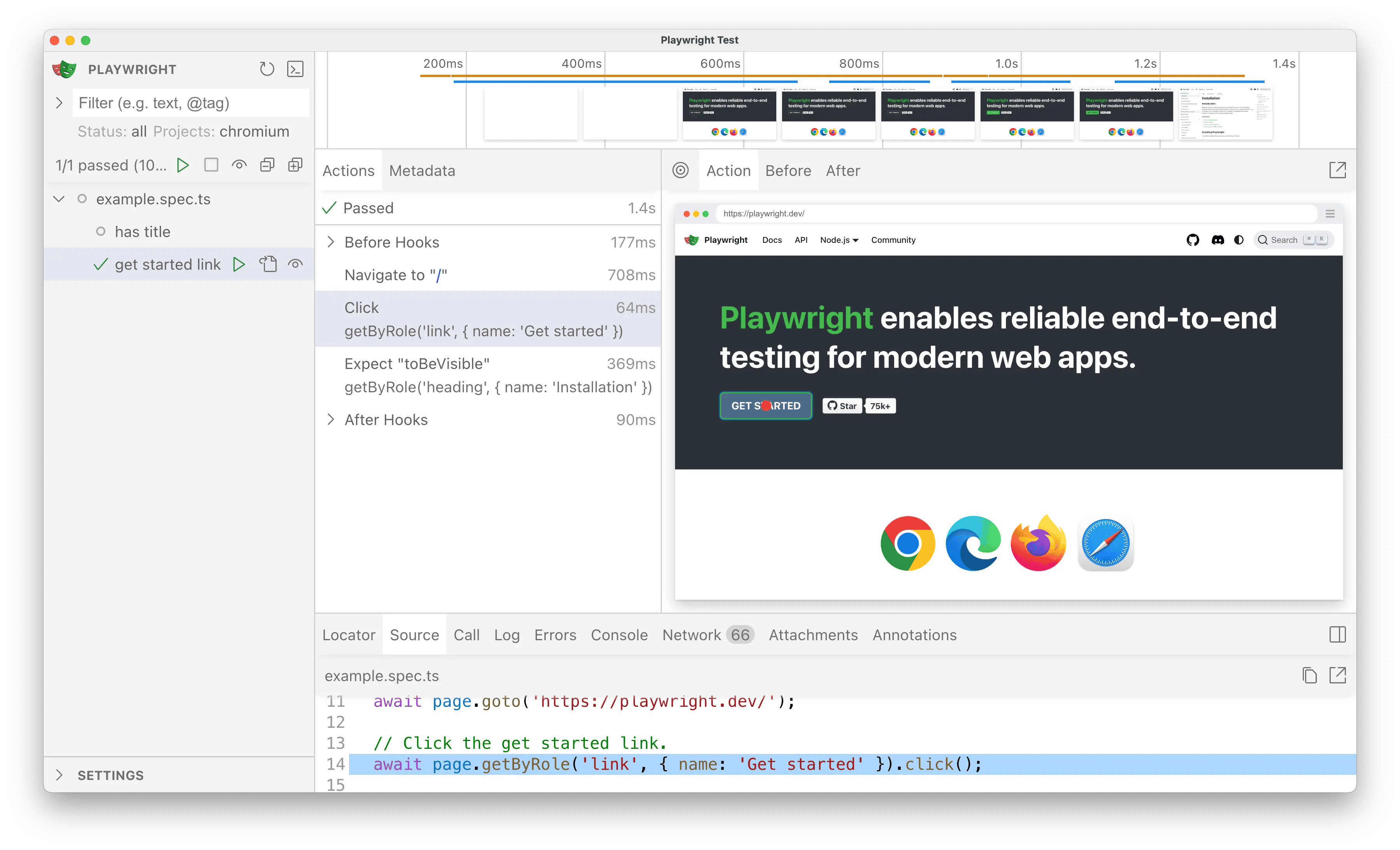 Интерфейс Playwright UI Mode со списком шагов