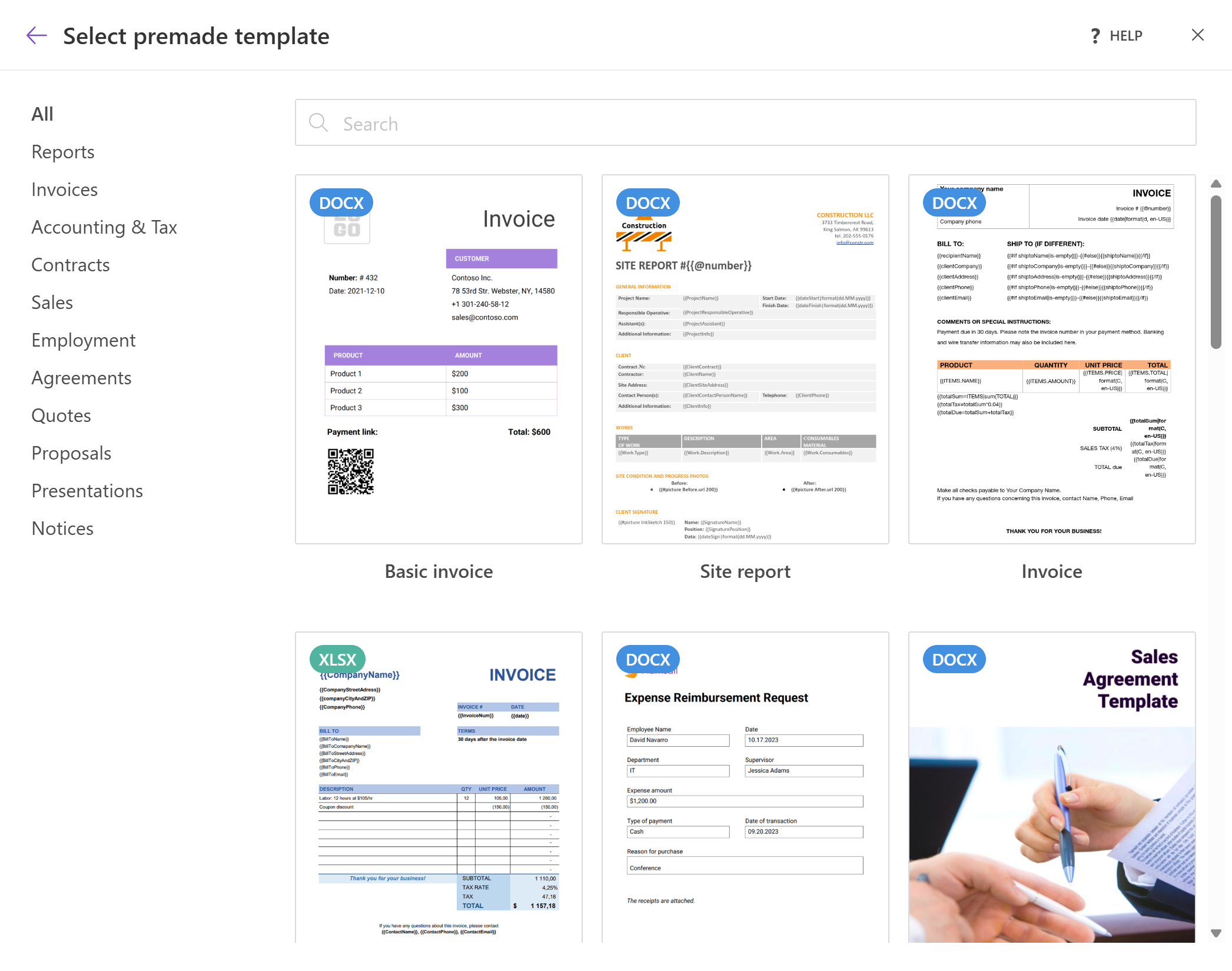 Галерея шаблонов Plumsail Documents