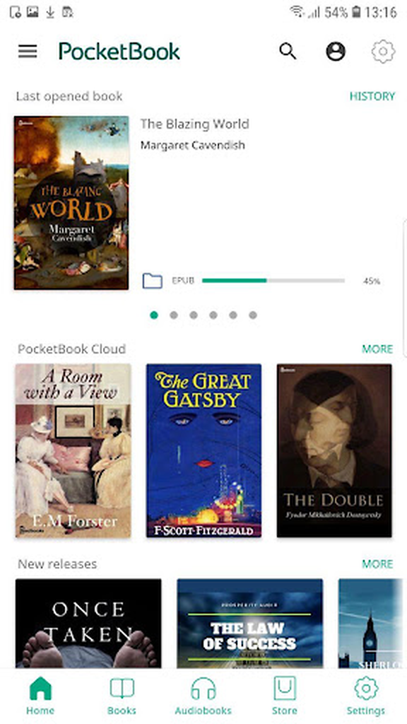 Главная страница PocketBook Reader со светлой темой и библиотекой