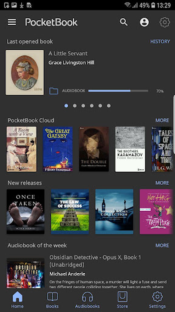Тёмная тема главного экрана PocketBook Reader и прогресс аудиокниги