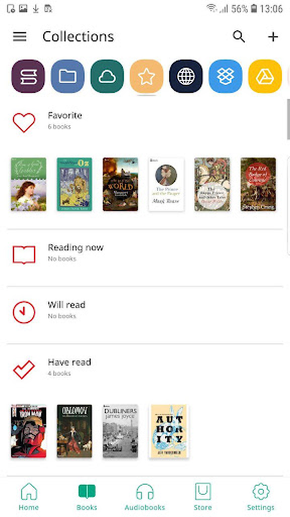 Экран коллекций, избранного и состояний чтения PocketBook Reader