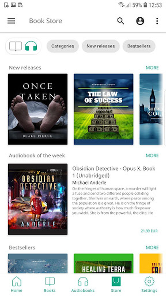 Раздел аудиокниг во встроенном магазине PocketBook Reader