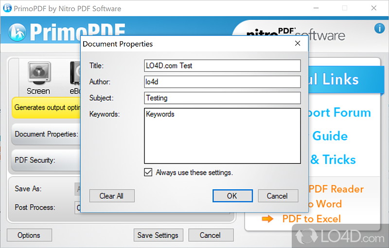 Окно Document Properties PrimoPDF с полями заголовка, автора, темы и ключевых слов