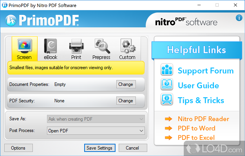 Главное окно PrimoPDF с профилями качества, свойствами, защитой и выбором файла