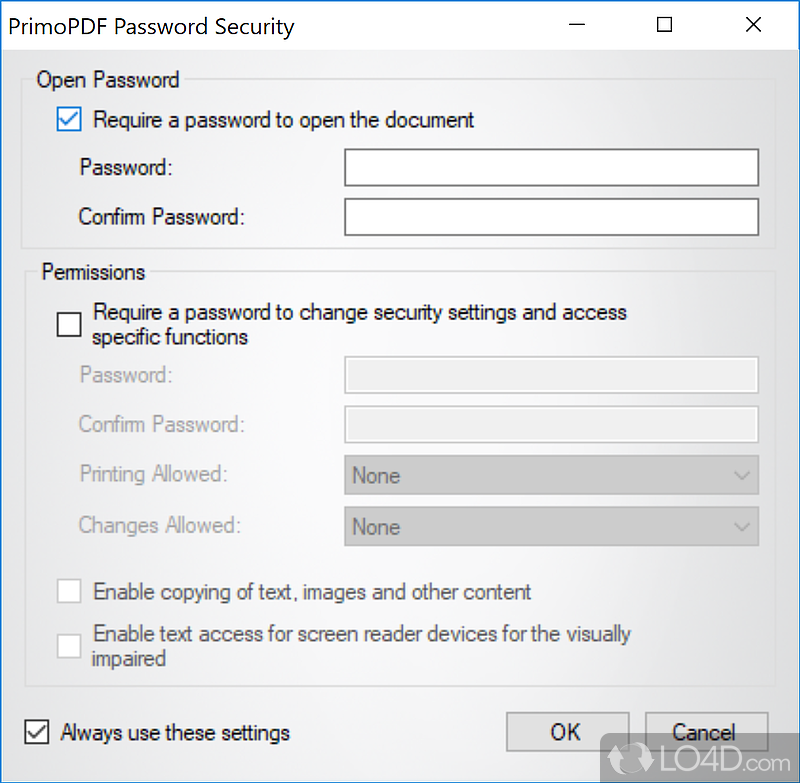 Окно PDF Security PrimoPDF с паролями и разрешениями