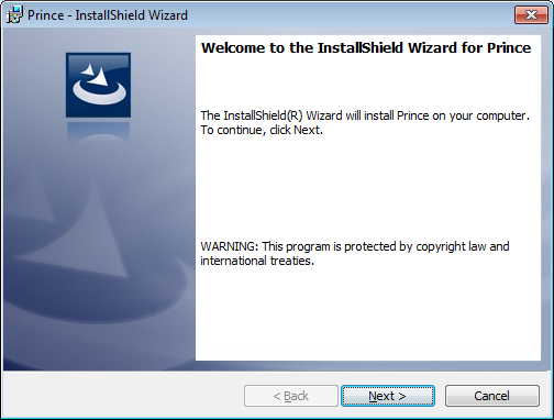 Начальный экран мастера установки Prince в Windows