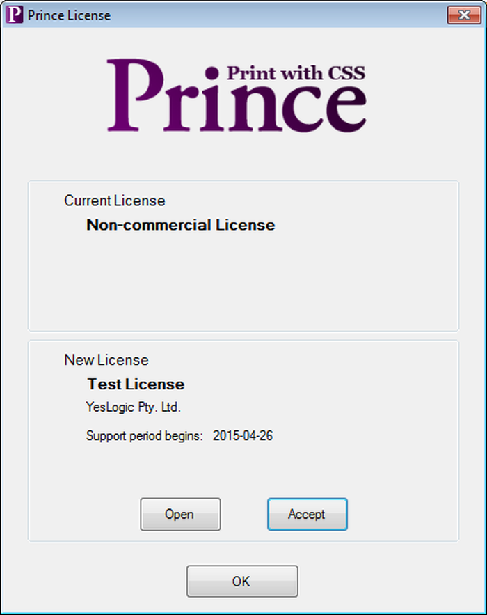 Окно Prince с выбранным файлом лицензии
