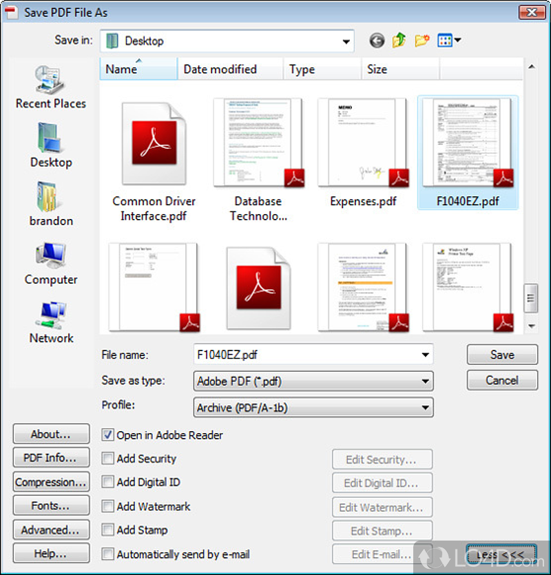 Диалог Save PDF File As с выбором имени, папки и профиля