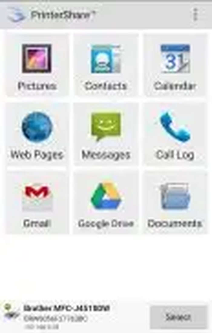 Главный экран PrinterShare на Android с разделами изображений, контактов, календаря, веб-страниц, сообщений и документов