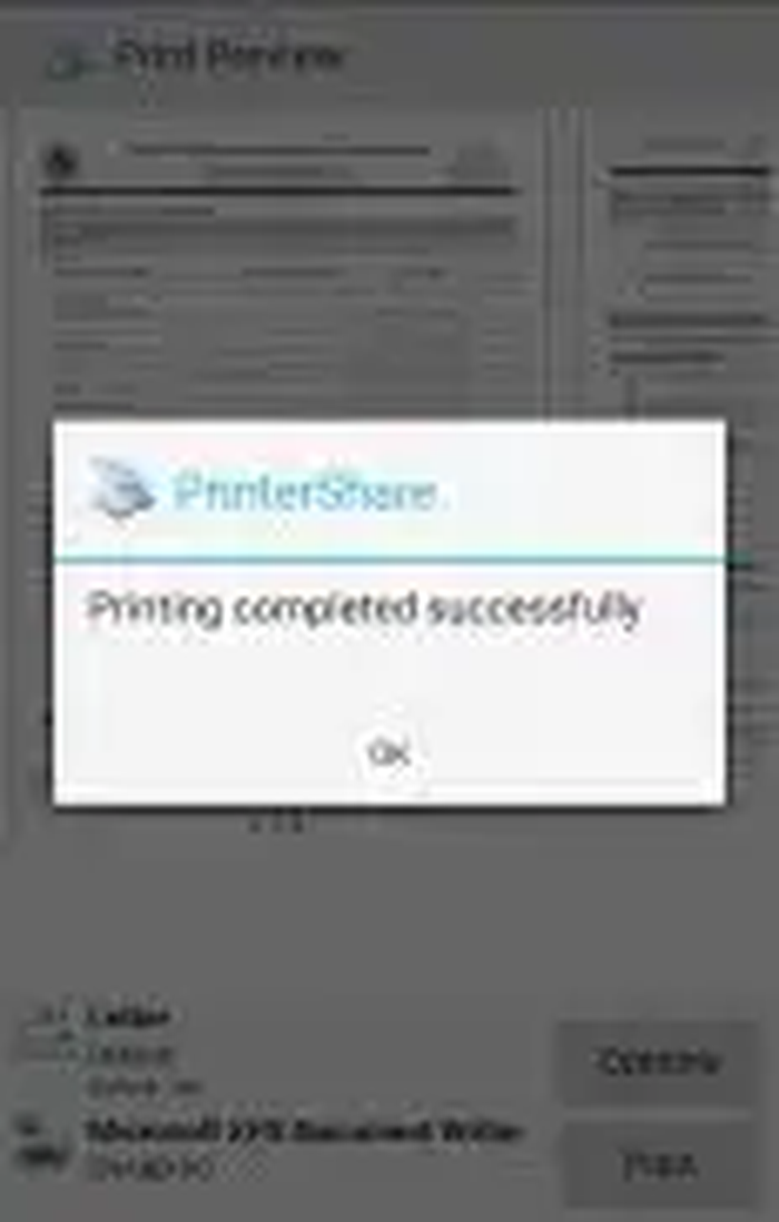 Сообщение PrinterShare об успешном завершении печати