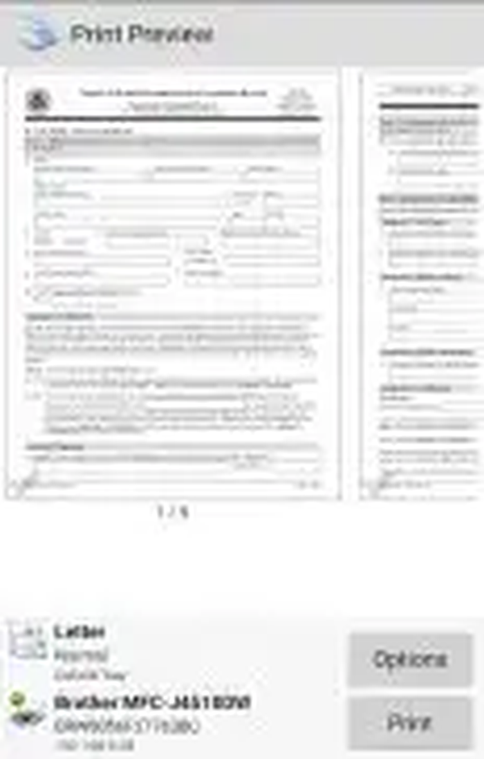 Предварительный просмотр PDF в PrinterShare на Android с кнопкой Options