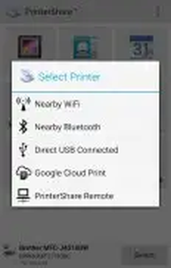 Выбор Nearby WiFi, Bluetooth, USB и PrinterShare Remote на Android