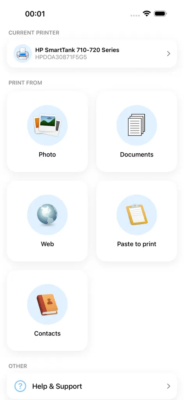 Главный экран PrinterShare на iPhone с плитками Photo, Documents, Web, Paste to print и Contacts