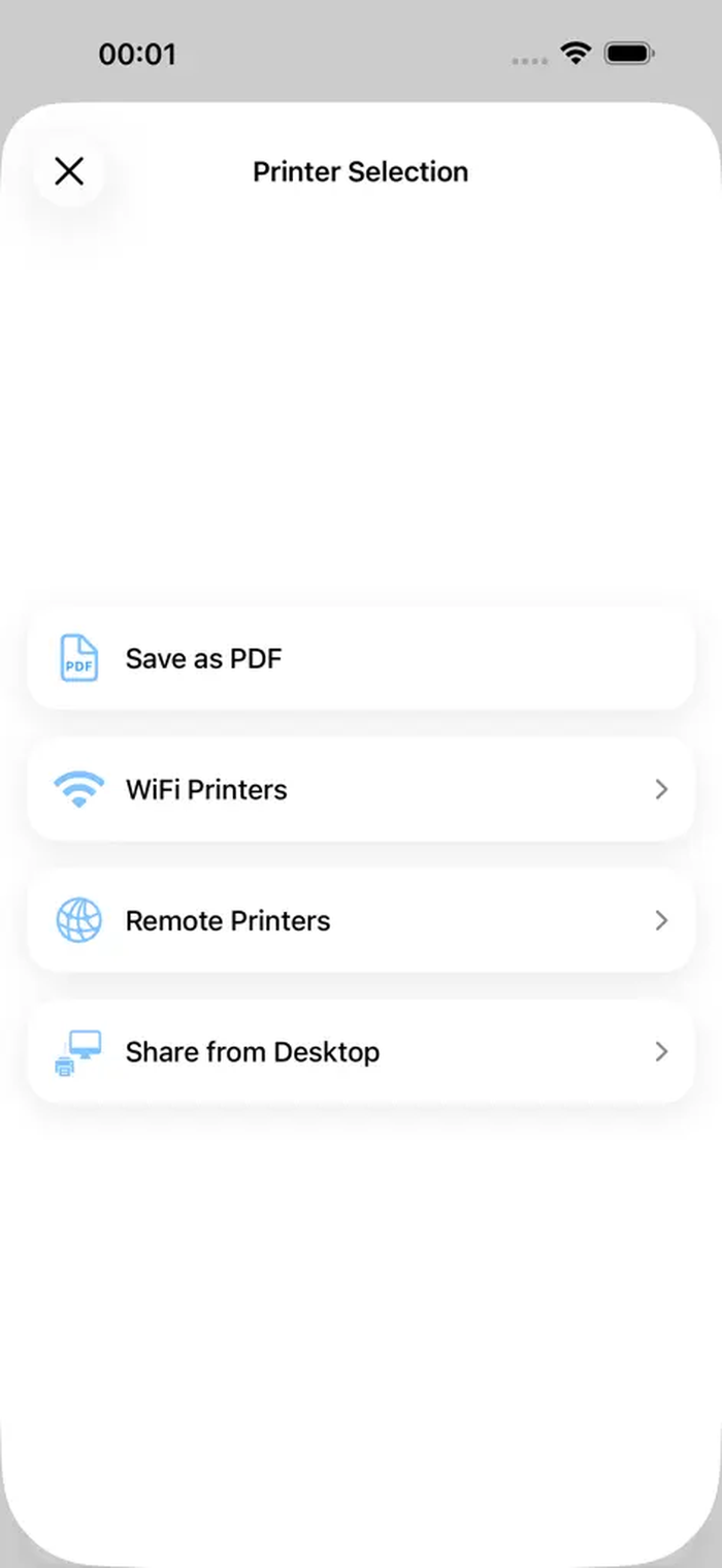 Экран Printer Selection в PrinterShare с выбором PDF, Wi-Fi и удалённых принтеров