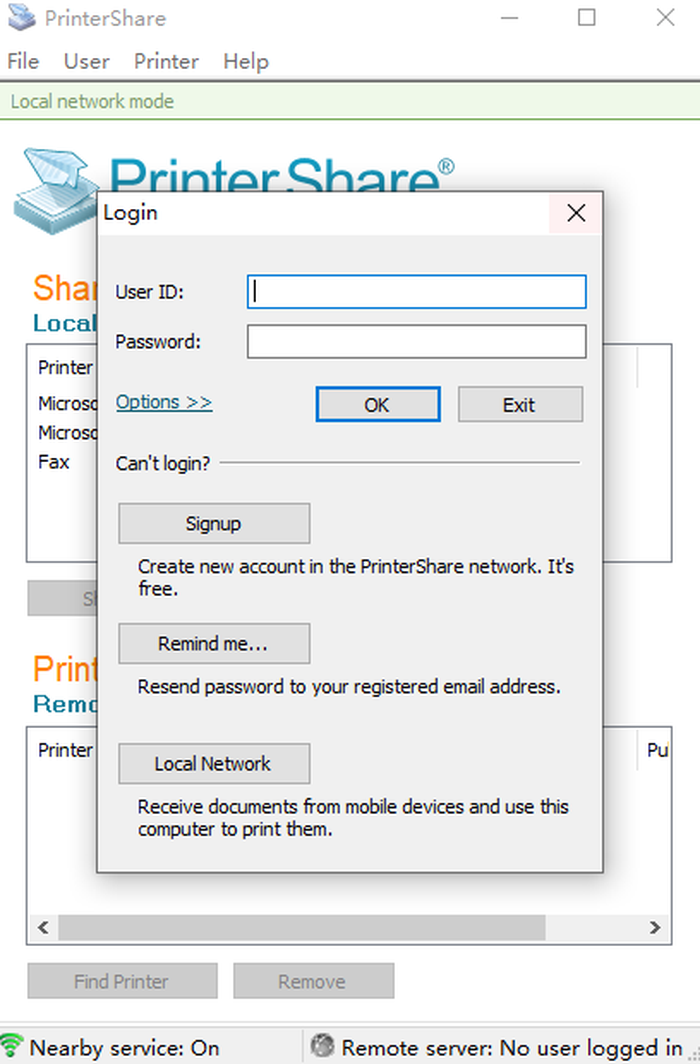 Окно входа PrinterShare на Windows с режимом Local Network