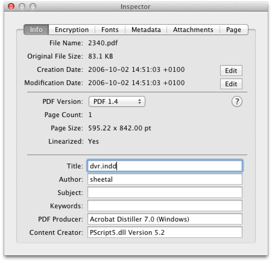 Вкладка Info инспектора Proview PDF Editor