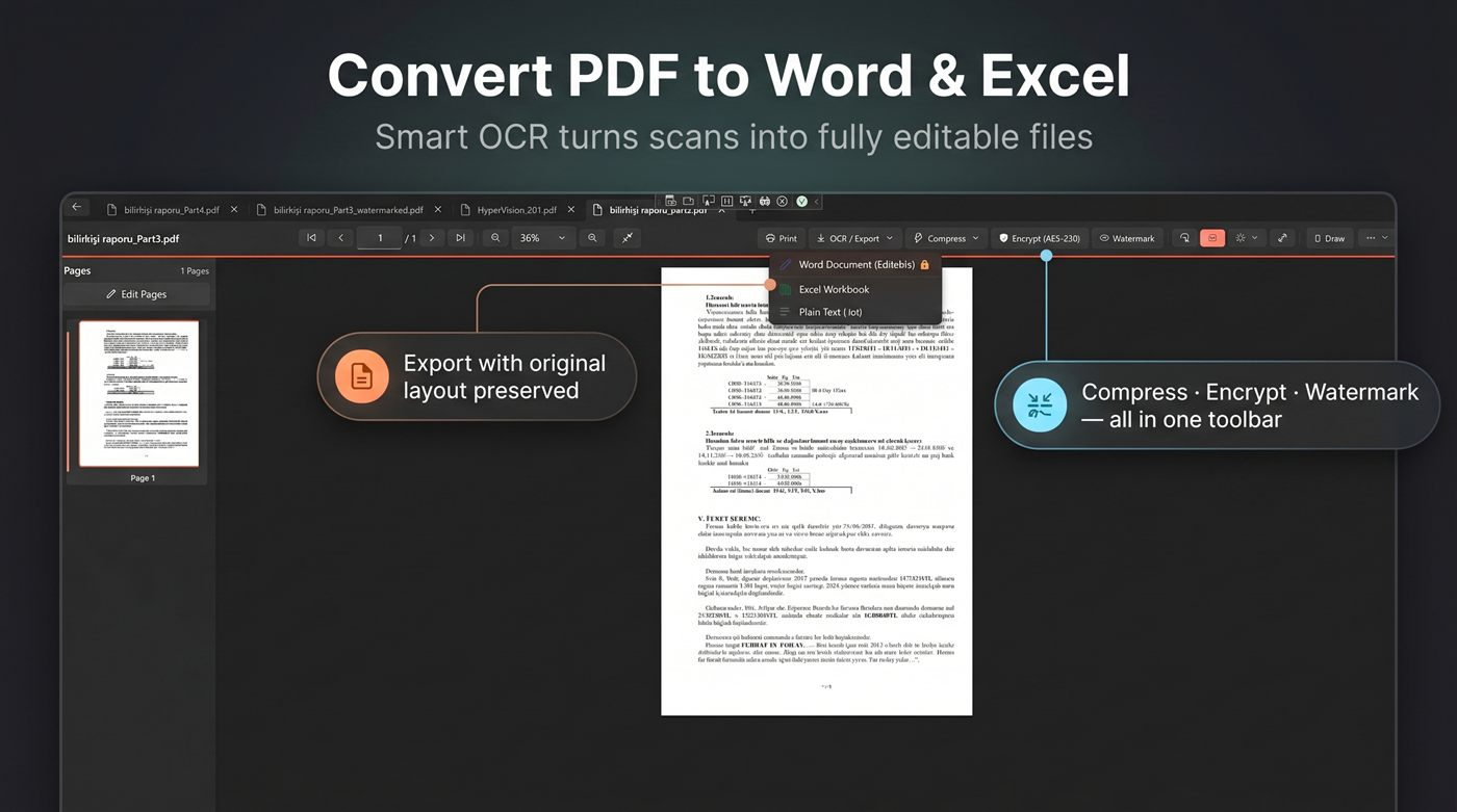 Меню OCR и экспорта PurePDF в Word, Excel и TXT