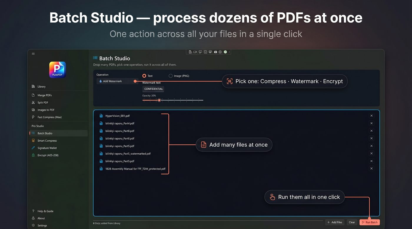 Batch Studio PurePDF с очередью файлов и массовым водяным знаком