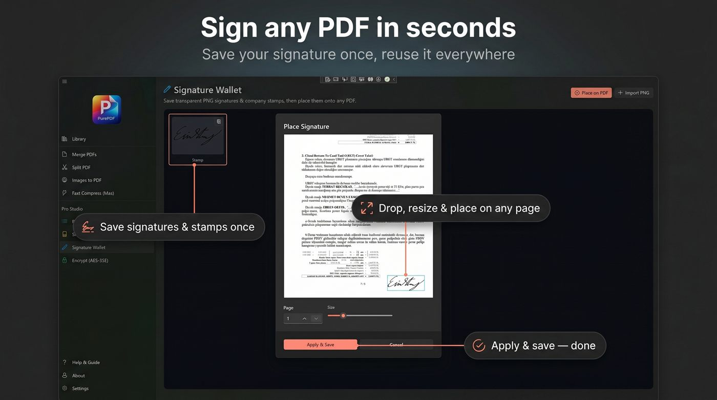 Signature Wallet PurePDF с выбором подписи, страницы и размера