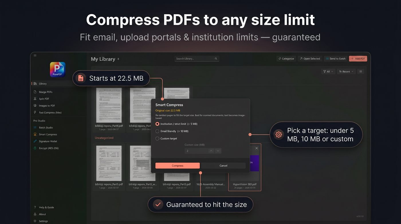 Smart Compress PurePDF с целями менее 5 МБ, 10 МБ и собственным размером