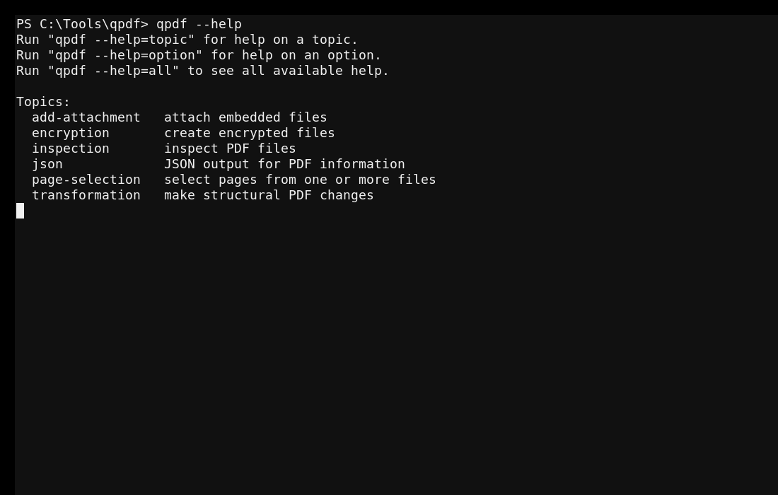 Справка QPDF с перечнем тематических разделов командной строки