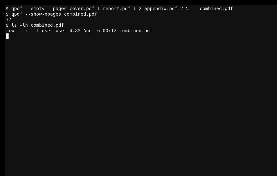 Объединение обложки, отчёта и приложения командой QPDF