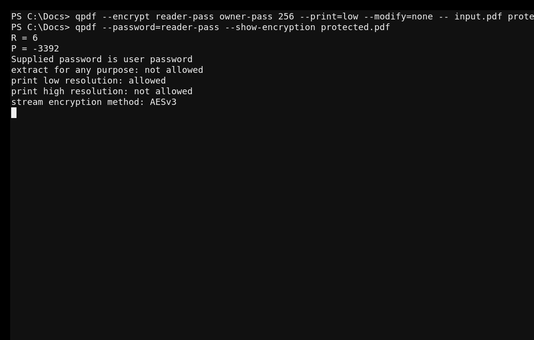 Создание PDF с AES-256 и просмотр разрешений в QPDF