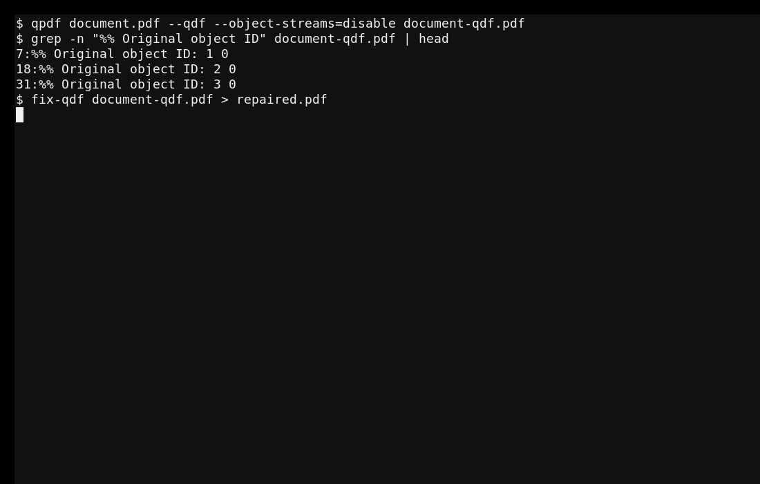 Создание QDF-файла и исправление его утилитой fix-qdf