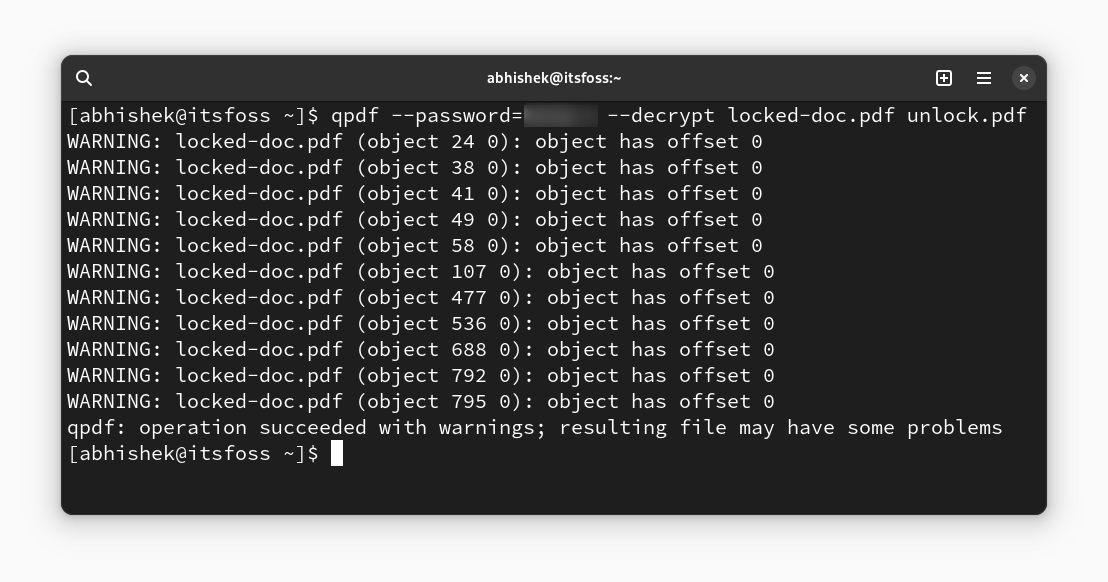 Снятие известного пароля с PDF командой qpdf --decrypt