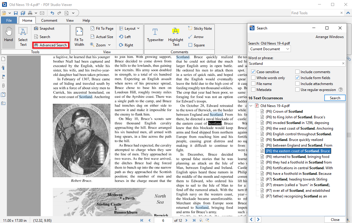 Панель расширенного поиска Qoppa PDF Studio Viewer с результатами по документам