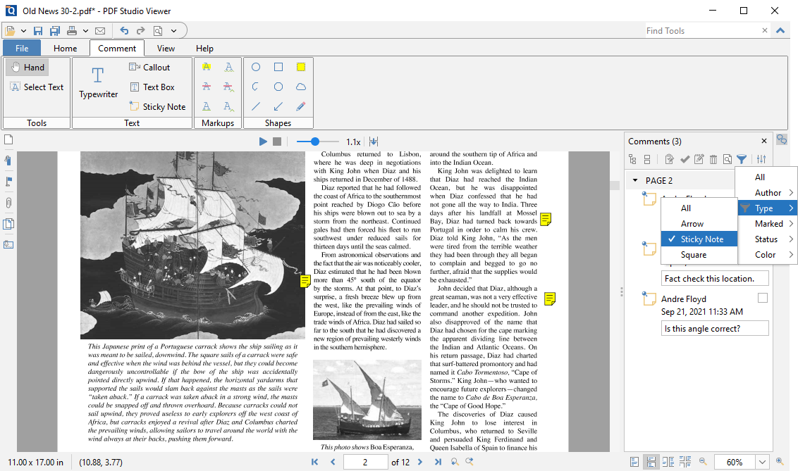 Фильтрация аннотаций в панели комментариев Qoppa PDF Studio Viewer