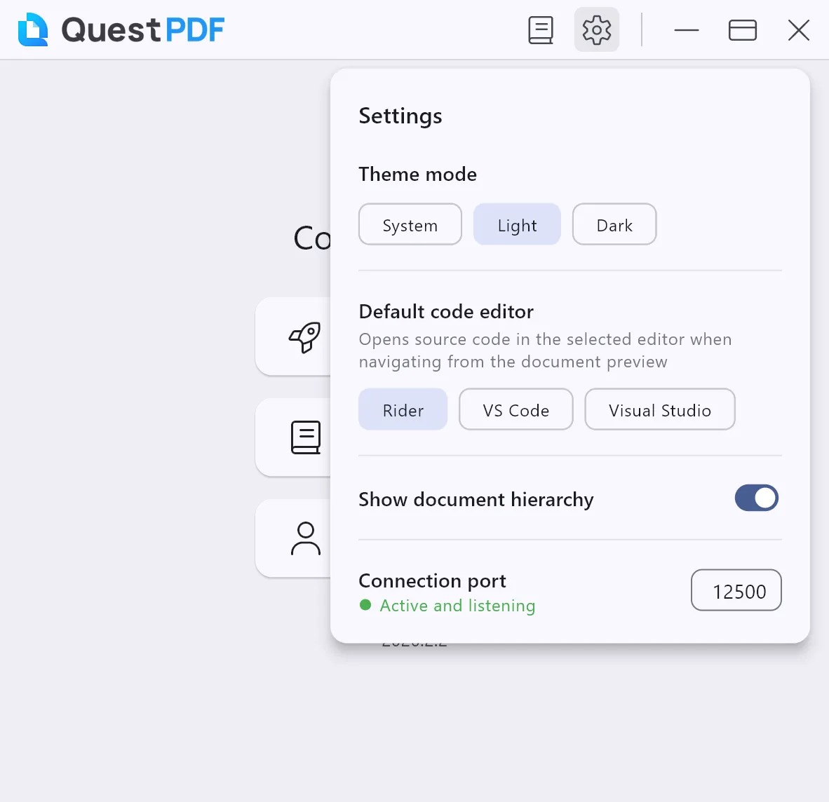 Настройки темы, редактора кода и порта в QuestPDF Companion