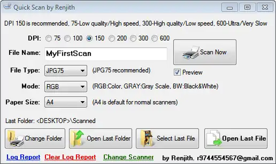 Главное окно QuickScan с параметрами DPI, имени, формата, режима и размера бумаги