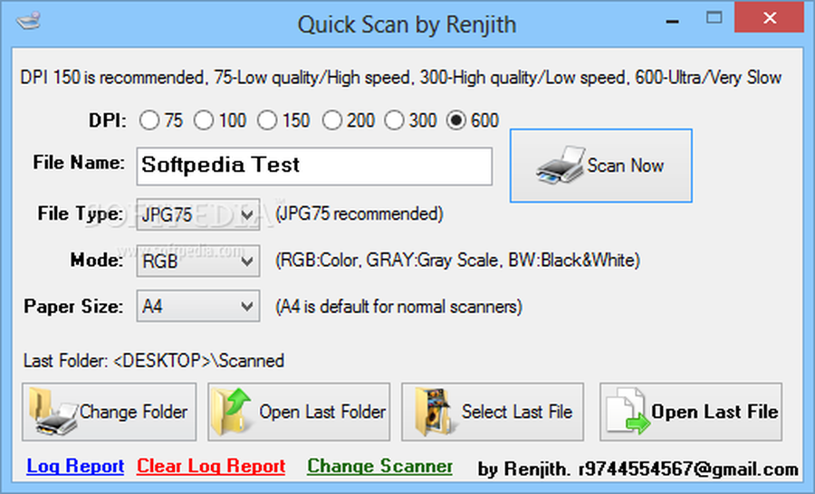 Окно QuickScan с выбранным разрешением 600 DPI