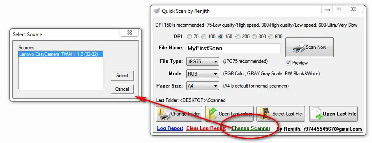 QuickScan и диалог Select Source для выбора TWAIN-устройства