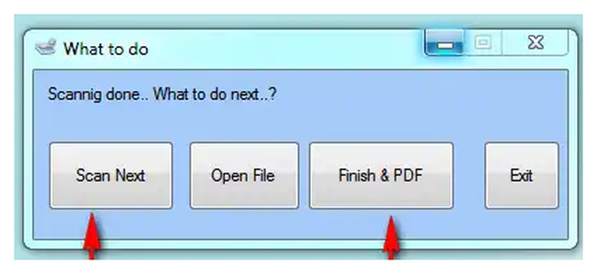 Окно действий после сканирования: Scan Next, Open File, Finish и PDF, Exit