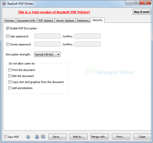 Пароли, шифрование и запреты действий в ReaSoft PDF Printer